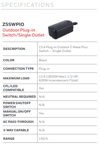 Honeywell Home Z5SWPIO Z-Wave Plus Plug-In Outdoor Switch